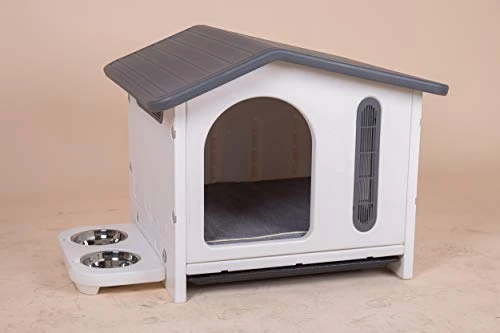 VATO Dog Kennel, Waterproof Plastic Doghouse For Small Pets, Durable Puppy House With Two Food Bowls, 22.8x20.9x22 Inches, Indoor And Outdoor, Up To 30 LBS (Grey) 2 VATO Dog Kennel, Waterproof Plastic Doghouse For Small Pets, Durable Puppy House With Two Food Bowls, 22.8x20.9x22 Inches, Indoor And Outdoor, Up To 30 LBS (Grey) - Image 2