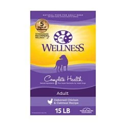 Wellness Complete Health Dry Dog Food With Grains, Natural Ingredients, Made In USA With Real Meat, All Breeds, For Adult Dogs (Chicken & Oatmeal, 15-Pound Bag)