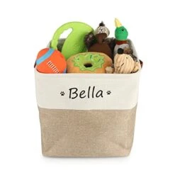 Personalized Dog Toy Box Square Basket With Leather Handles , Custom Name And Paw Pattern Puppy Toy Bin , Storage Baskets For Organizing Food Clothes And Pets Accessories(White Beige)