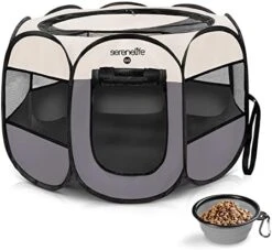 SereneLife ON-The-GO Foldable Portable Pet Tent 8-Panel Playpen For Dog & Cat W/Food/Water Bowl, Mesh, Pet House Indoor & Outdoor, Travel & Camping Pet Kennel Exercise Puppy Playground (Grey - Medium) -Dog Supplies Store 41F9q2usiRL. AC 5