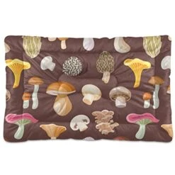 Poeticcity Mushrooms Natural Fungus Mushrooming Organic Food On Brown Dog Cat Bed Mat, Soft Crate Pad Mattress Cushion For Small Medium Pets, Anti Slip Sleeping Kennel Mat Washable & Dry 24x18 Inch