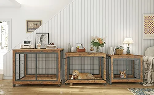 Voohek Furniture Style Dog Crate With Double Doors And Lift Top, Side Table On Wheels, 43.7’’w X 30’’d X 31.1’’h, Rustic Brown 2 Voohek Furniture Style Dog Crate With Double Doors And Lift Top, Side Table On Wheels, 43.7’’w X 30’’d X 31.1’’h, Rustic Brown - Image 2