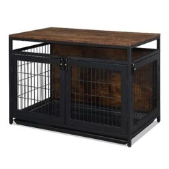 Dog Crate Furniture, End Table, Modern Dog Kennel For Medium Dogs Indoor Up To 70 Lb, Dog Kennels With 3 Doors Indoor, Decorative Mesh Pet Crate End Table Rustic Brown