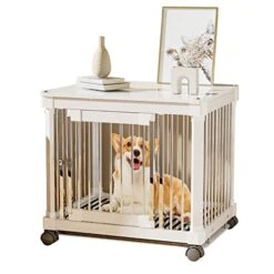 GENERIC Pet Crate Furniture For Small Dogs- Furniture Dog Crate Wooden Dog Crate Dog Crate Terminal Table - Coffee Table Dog Crate With Tray, Universal Wheels (M(28''L X 22''W X 24''H),White)