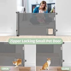 Retractable Dog Gate With Cat Door 55” Wide Retractable Baby Gate With Pet Door 35” Tall Indoor Outdoor Mesh Pet Gate For Cats/Small Dogs Child Safety Gate For Stairs, Doorways, Deck (Grey) -Dog Supplies Store 41fL2L7rKqL