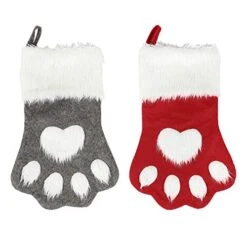 Sexybody Pet Paw Plush Christmas Stockings 2 Pack Xmas Decorations Fireplace Hanging Socks Family Holiday Dog Cat Gift Stockings (Grey & Red)