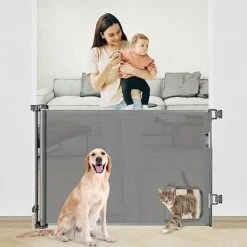 Retractable Dog Gate With Cat Door 55” Wide Retractable Baby Gate With Pet Door 35” Tall Indoor Outdoor Mesh Pet Gate For Cats/Small Dogs Child Safety Gate For Stairs, Doorways, Deck (Grey) -Dog Supplies Store 41pKoZn8JkL. AC
