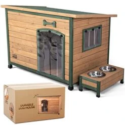 PUPPYLUCKY Wooden Weatherproof Outdoor Dog House | Beautiful Green Roof With Food And Water Bowl Included | Durable For Medium And Large Dogs (Large)