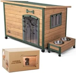 PUPPYLUCKY Wooden Weatherproof Outdoor Dog House | Beautiful Green Roof With Food And Water Bowl Included | Durable For Medium And Large Dogs (Large) -Dog Supplies Store 41rETJHmaAL. AC