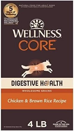 Wellness CORE Digestive Health Dry Dog Food With Wholesome Grains, Highly Digestible, For Dogs With Sensitive Stomachs, Made In USA With Real Chicken (Adult, 4-Pound Bag) -Dog Supplies Store 41tH4OXxJrL. AC