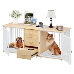 YITAHOME Large Dog Crate Furniture 74" Inch, Indoor Wooden Dog Kennel With Dog Feeders Bowls, 2-in-1 TV Stand, Endtable For 2 Large Medium Dogs, Walnut White -Dog Supplies Store 41uqv2WVyHL
