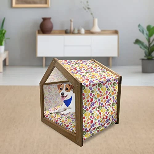 Lunarable Fruit Wooden Pet House, Lemons Blueberries Kiwis And Strawberries Healthy Seasonal Food Options Pattern, Outdoor & Indoor Portable Dog Kennel With Pillow And Cover, Large, Multicolor 2 Lunarable Fruit Wooden Pet House, Lemons Blueberries Kiwis And Strawberries Healthy Seasonal Food Options Pattern, Outdoor & Indoor Portable Dog Kennel With Pillow And Cover, Large, Multicolor - Image 2