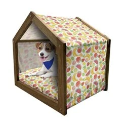 Lunarable Watermelon Wooden Pet House, Hawaiian Food Pattern With Pineapple Strawberry Lemons And Bananas Grunge Effect, Outdoor & Indoor Portable Dog Kennel With Pillow And Cover, Large, Multicolor