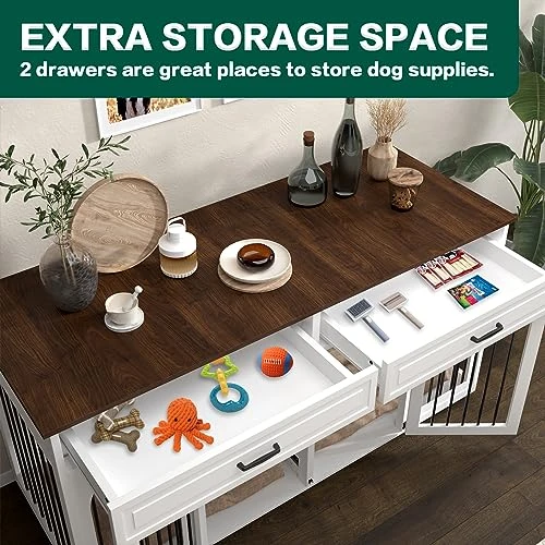 74.8" XXL Large Double Dog Crate Furniture For Large Breed,Wooden Heavy Duty Dog Crates Kennel Cage Furniture Style TV Stand For 2 Dogs With Divider Drawers And Locks,White 3 74.8" XXL Large Double Dog Crate Furniture For Large Breed,Wooden Heavy Duty Dog Crates Kennel Cage Furniture Style TV Stand For 2 Dogs With Divider Drawers And Locks,White - Image 3