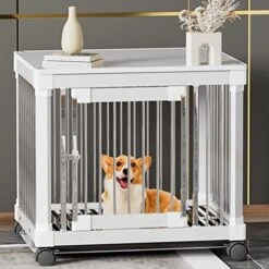 GENERIC Pet Crate Furniture For Small Dogs- Furniture Dog Crate Wooden Dog Crate Dog Crate Terminal Table - Coffee Table Dog Crate With Tray, Universal Wheels (M(28''L X 22''W X 24''H),White) -Dog Supplies Store 511SodW1Y3L