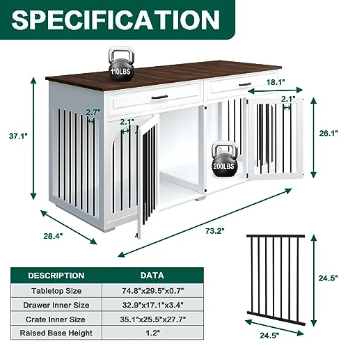 74.8" XXL Large Double Dog Crate Furniture For Large Breed,Wooden Heavy Duty Dog Crates Kennel Cage Furniture Style TV Stand For 2 Dogs With Divider Drawers And Locks,White 1 74.8" XXL Large Double Dog Crate Furniture For Large Breed,Wooden Heavy Duty Dog Crates Kennel Cage Furniture Style TV Stand For 2 Dogs With Divider Drawers And Locks,White