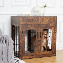 Dog Crate Furniture With Cushion,39" Large Wooden Dog Kennel Furniture With 2 Drawers,Left/Right Doors + Double Front Doors,for Medium Large Dogs,Dog Cage TV Stand Rustic Brown 39.4" L×23.6" W×40" H -Dog Supplies Store 514r31YDFnL. AC