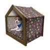 Lunarable Food Art Wooden Pet House, Colorful Pattern Of Abstract Fruits And Vegetables Cuisine Theme Repetition, Indoor & Outdoor Portable Dog Kennel With Pillow And Cover, Small, Plum Multicolor