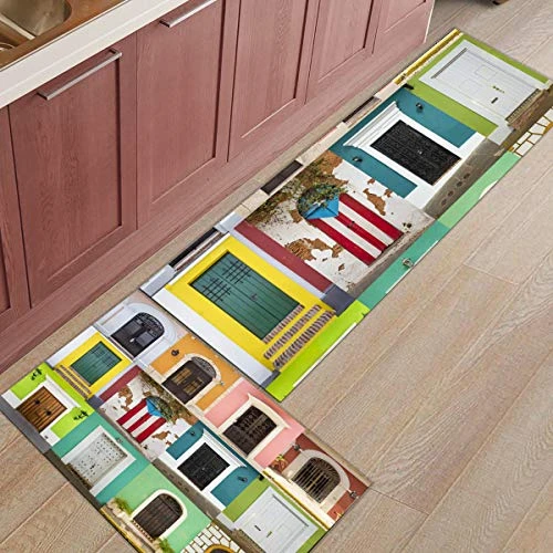 Non-slip Rubber Backing Kitchen Runners Set Puerto Rico Door Gate Square , Standing Mat Carpet For Baby Crawling/Bathroom/Gate Entrance Colorful Retro Arched Wall 2 Piece (15.7x23.6 In + 15.7x47.2 In) 3 Non-slip Rubber Backing Kitchen Runners Set Puerto Rico Door Gate Square , Standing Mat Carpet For Baby Crawling/Bathroom/Gate Entrance Colorful Retro Arched Wall 2 Piece (15.7x23.6 In + 15.7x47.2 In) - Image 3