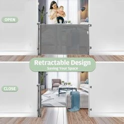 Retractable Dog Gate With Cat Door 55” Wide Retractable Baby Gate With Pet Door 35” Tall Indoor Outdoor Mesh Pet Gate For Cats/Small Dogs Child Safety Gate For Stairs, Doorways, Deck (Grey) -Dog Supplies Store 518yLG1LGLL