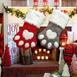 Sexybody Pet Paw Plush Christmas Stockings 2 Pack Xmas Decorations Fireplace Hanging Socks Family Holiday Dog Cat Gift Stockings (Grey & Red) -Dog Supplies Store 519QTnpAIuL