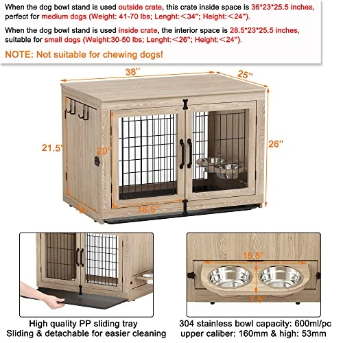 Piskyet Wooden Dog Crate Furniture With 360° Rotatable Removable Dog Bowls, Medium Dog Crate End Table With Tray, Double Doors Dog Kennels Indoor For Small Dogs - Texture Grey, 38 Inch 5 Piskyet Wooden Dog Crate Furniture With 360° Rotatable Removable Dog Bowls, Medium Dog Crate End Table With Tray, Double Doors Dog Kennels Indoor For Small Dogs - Texture Grey, 38 Inch - Image 5