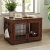 Piskyet Wooden Dog Crate Furniture With 360° Rotatable Removable Dog Bowls, Dog Crate End Table With Tray, Double Doors Dog Kennels Indoor For Small To Medium Dogs -Rustic Style