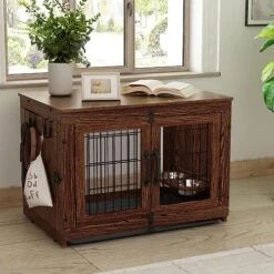 Piskyet Wooden Dog Crate Furniture With 360° Rotatable Removable Dog Bowls, Dog Crate End Table With Tray, Double Doors Dog Kennels Indoor For Small To Medium Dogs -Rustic Style