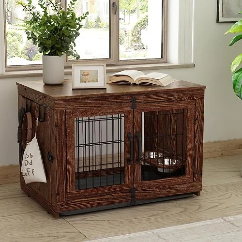 Piskyet Wooden Dog Crate Furniture With 360° Rotatable Removable Dog Bowls, Dog Crate End Table With Tray, Double Doors Dog Kennels Indoor For Small To Medium Dogs -Rustic Style 1 Piskyet Wooden Dog Crate Furniture With 360° Rotatable Removable Dog Bowls, Dog Crate End Table With Tray, Double Doors Dog Kennels Indoor For Small To Medium Dogs -Rustic Style