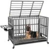 ROOMTEC 49 Inch Heavy Duty Dog Crate Cage Kennel With Wheels / 360° & Adjustable 2 Alloy Bowls/Unique Air Lift Rod/Sturdy Locks Design, Double Door And Removable Tray, Extra Large XL XXL Dog