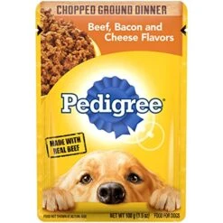 PEDIGREE CHOPPED GROUND DINNER Adult Soft Wet Dog Food, Beef, Bacon & Cheese Flavors, 3.5 Oz Pouches, 16 Pack