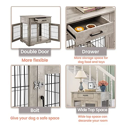 Dog Crate Furniture, Wooden Dog Cages House Pet Kennels With Double Doors And Drawer Indoor End Table Furniture For Medium Large Dog, 30" Grey 4 Dog Crate Furniture, Wooden Dog Cages House Pet Kennels With Double Doors And Drawer Indoor End Table Furniture For Medium Large Dog, 30" Grey - Image 4