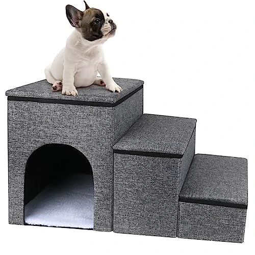 Petizer Dog Stairs For Small Dogs, Foldable Pet Stairs With Storage Box And Condo, Adjustable Height Steps For Couch/Bed, Folding Non-Slip Dog Ramp For Puppy, Cats, Or Small Dog (3-Step, 17" H) 1 Petizer Dog Stairs For Small Dogs, Foldable Pet Stairs With Storage Box And Condo, Adjustable Height Steps For Couch/Bed, Folding Non-Slip Dog Ramp For Puppy, Cats, Or Small Dog (3-Step, 17" H)
