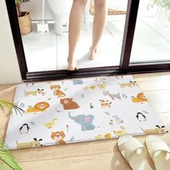 Cartoon Animal Zoo Decorative Doormat 18"x30", Non Slip Non Shedding Absorbent Indoor Area Rug, Washable Thick Plush Door Mat For Front Layered Kitchen Bathroom, Dog Tiger Lion Elephant Penguin Goat