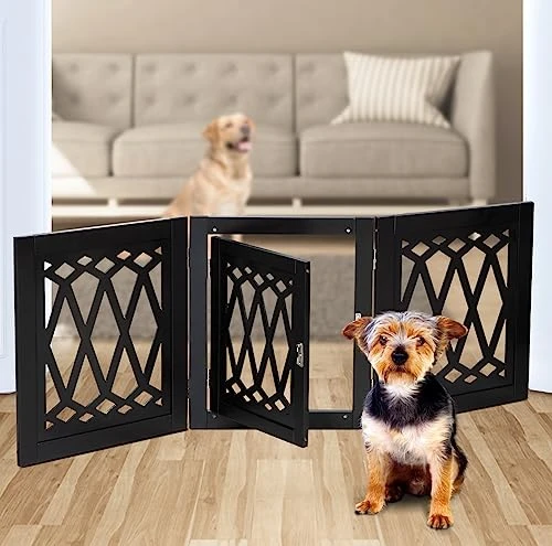 Bundaloo Freestanding Dog Gate With Door Expandable Decorative Wooden Fence For Small To Medium Pet Dogs, Barrier For Stairs, Doorways, & Hallways (Black Diamond) 1 Bundaloo Freestanding Dog Gate With Door Expandable Decorative Wooden Fence For Small To Medium Pet Dogs, Barrier For Stairs, Doorways, & Hallways (Black Diamond)