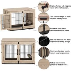 Piskyet Wooden Dog Crate Furniture With 360° Rotatable Removable Dog Bowls, Medium Dog Crate End Table With Tray, Double Doors Dog Kennels Indoor For Small Dogs - Texture Grey, 38 Inch 7 Piskyet Wooden Dog Crate Furniture With 360° Rotatable Removable Dog Bowls, Medium Dog Crate End Table With Tray, Double Doors Dog Kennels Indoor For Small Dogs - Texture Grey, 38 Inch -Dog Supplies Store 51EUfcugc3L 1