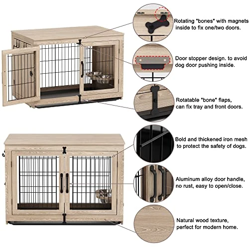 Piskyet Wooden Dog Crate Furniture With 360° Rotatable Removable Dog Bowls, Medium Dog Crate End Table With Tray, Double Doors Dog Kennels Indoor For Small Dogs - Texture Grey, 38 Inch 3 Piskyet Wooden Dog Crate Furniture With 360° Rotatable Removable Dog Bowls, Medium Dog Crate End Table With Tray, Double Doors Dog Kennels Indoor For Small Dogs - Texture Grey, 38 Inch - Image 3