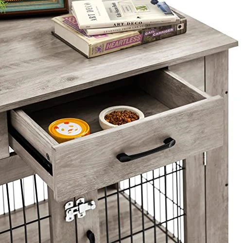 Dog Crate Furniture, Wooden Dog Cages House Pet Kennels With Double Doors And Drawer Indoor End Table Furniture For Medium Large Dog, 30" Grey 3 Dog Crate Furniture, Wooden Dog Cages House Pet Kennels With Double Doors And Drawer Indoor End Table Furniture For Medium Large Dog, 30" Grey - Image 3