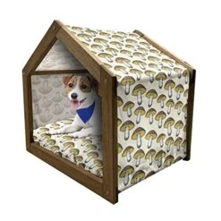 Ambesonne Mushroom Wooden Pet House, Repetitive Autumnal Forest Porcini Flora Nature Food, Indoor & Outdoor Portable Dog Kennel With Pillow And Cover, Small, Ivory Multicolor
