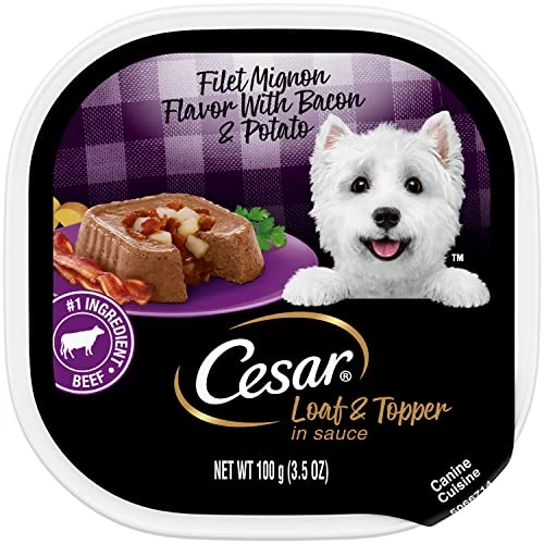CESAR Soft Wet Dog Food Loaf & Topper In Sauce Filet Mignon Flavor With Bacon & Potato, 3.5 Ounce (Pack Of 24), Easy Peel Trays 1 CESAR Soft Wet Dog Food Loaf & Topper In Sauce Filet Mignon Flavor With Bacon & Potato, 3.5 Ounce (Pack Of 24), Easy Peel Trays