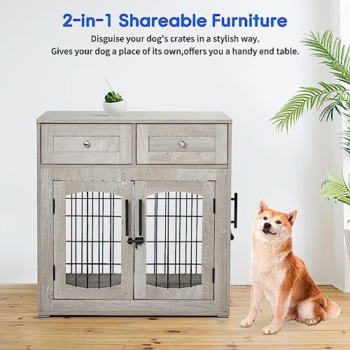 Dog Crate Furniture With Cushion,39" Large Wooden Dog Kennel Furniture With 2 Drawers,Left/Right Doors + Double Front Doors,for Medium Large Dogs,Dog Cage TV Stand Grey 39.4" L×23.6" W×40" H 2 Dog Crate Furniture With Cushion,39" Large Wooden Dog Kennel Furniture With 2 Drawers,Left/Right Doors + Double Front Doors,for Medium Large Dogs,Dog Cage TV Stand Grey 39.4" L×23.6" W×40" H - Image 2