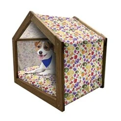 Lunarable Fruit Wooden Pet House, Lemons Blueberries Kiwis And Strawberries Healthy Seasonal Food Options Pattern, Outdoor & Indoor Portable Dog Kennel With Pillow And Cover, Medium, Multicolor