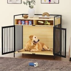 YITAHOME XL Dog Crate Furniture 41" With 2 Drawers, Large Dog Kennel End Table, Wooden Dog Cage Indoor Dog House Pet Crate Table With Double Doors For Large Small Medium Dogs, Walnut Color
