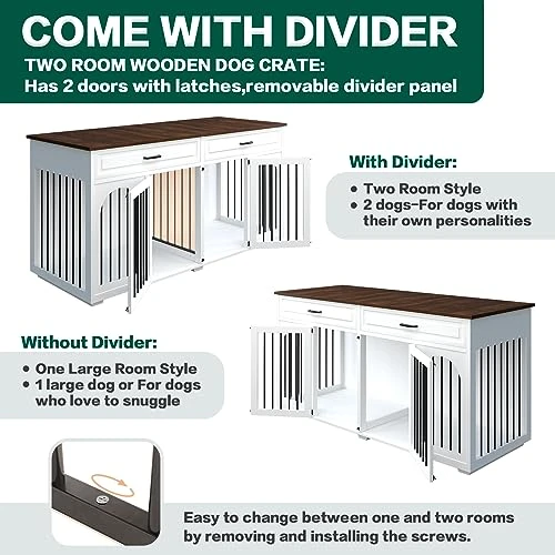 74.8" XXL Large Double Dog Crate Furniture For Large Breed,Wooden Heavy Duty Dog Crates Kennel Cage Furniture Style TV Stand For 2 Dogs With Divider Drawers And Locks,White 2 74.8" XXL Large Double Dog Crate Furniture For Large Breed,Wooden Heavy Duty Dog Crates Kennel Cage Furniture Style TV Stand For 2 Dogs With Divider Drawers And Locks,White - Image 2