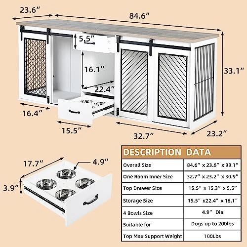 Extra Large Dog Crate Furniture, 85" Sliding Door Double Dog Kennel For 2 Large Dogs Divided, Heavy Duty Wooden Dog Crate Kennel Furniture With 4 Dog Bowls And Drawer For 2 Large Dogs Indoor, White 2 Extra Large Dog Crate Furniture, 85" Sliding Door Double Dog Kennel For 2 Large Dogs Divided, Heavy Duty Wooden Dog Crate Kennel Furniture With 4 Dog Bowls And Drawer For 2 Large Dogs Indoor, White - Image 2