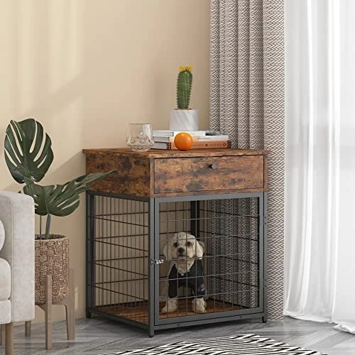Furnished Wooden Dog Crate End Table, Small Dog Crate Furniture, Storage Console With Pull-Out Drawer, Furnished Dog Cage (Rustic Brownn, 19.69" W X 22.83" D X 26.97" H) 1 Furnished Wooden Dog Crate End Table, Small Dog Crate Furniture, Storage Console With Pull-Out Drawer, Furnished Dog Cage (Rustic Brownn, 19.69" W X 22.83" D X 26.97" H)
