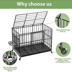 ROOMTEC 49 Inch Heavy Duty Dog Crate Cage Kennel With Wheels / 360° & Adjustable 2 Alloy Bowls/Unique Air Lift Rod/Sturdy Locks Design, Double Door And Removable Tray, Extra Large XL XXL Dog -Dog Supplies Store 51QHciIKtfL
