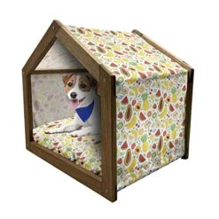 Lunarable Tropical Wooden Pet House, Colorful Cartoon Fruits Papaya Banana And Pineapple Ornamental Exotic Food Design, Outdoor & Indoor Portable Dog Kennel With Pillow And Cover, Large, Multicolor