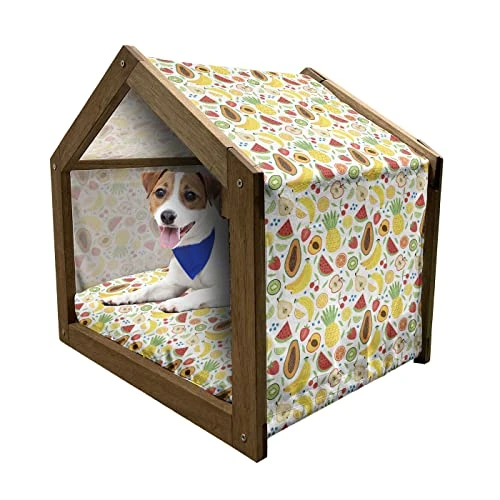 Lunarable Tropical Wooden Pet House, Colorful Cartoon Fruits Papaya Banana And Pineapple Ornamental Exotic Food Design, Outdoor & Indoor Portable Dog Kennel With Pillow And Cover, Large, Multicolor 1 Lunarable Tropical Wooden Pet House, Colorful Cartoon Fruits Papaya Banana And Pineapple Ornamental Exotic Food Design, Outdoor & Indoor Portable Dog Kennel With Pillow And Cover, Large, Multicolor