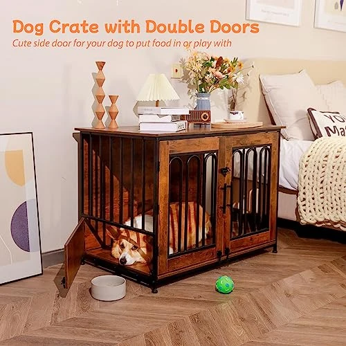 Dog Crate Furniture, 39.37" Double Doors Wooden Dog Kennel End Table, Indoor Dog House End Table Furniture Style For Small/Medium/Large Dogs Anti-Chew Crate,Retro Brown 3 Dog Crate Furniture, 39.37" Double Doors Wooden Dog Kennel End Table, Indoor Dog House End Table Furniture Style For Small/Medium/Large Dogs Anti-Chew Crate,Retro Brown - Image 3